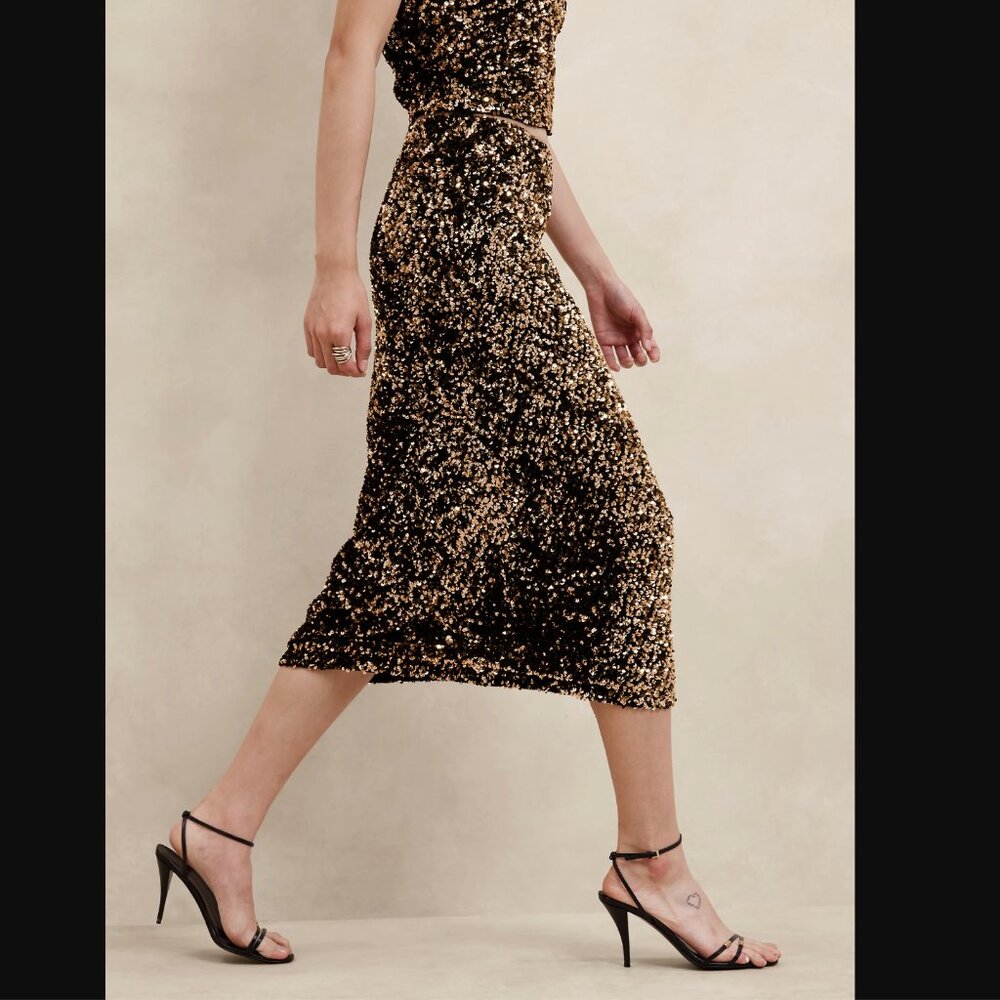Banana Republic Gold Sequin Midi Slip Skirt Sz Large L